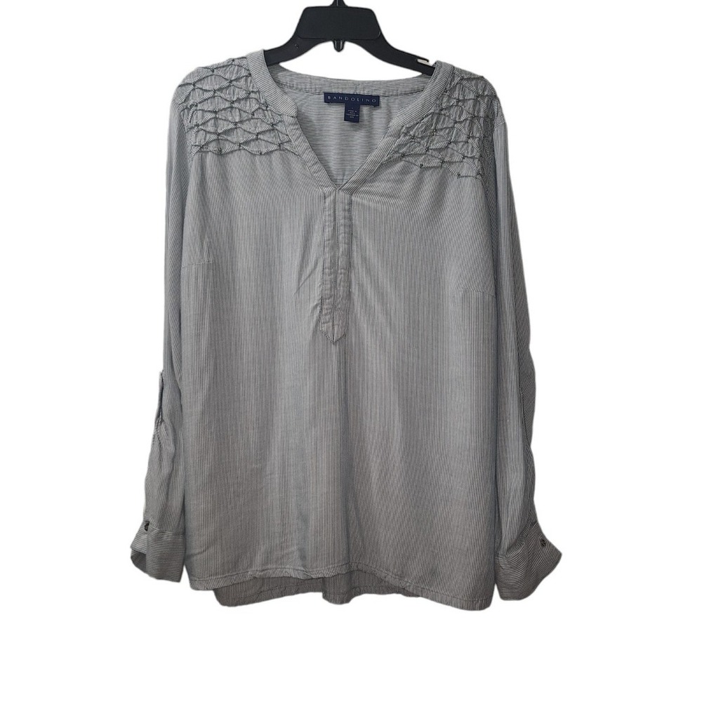 Bandolino Embroidered Blouse Striped Long Sleeve V-Neck Top Size L